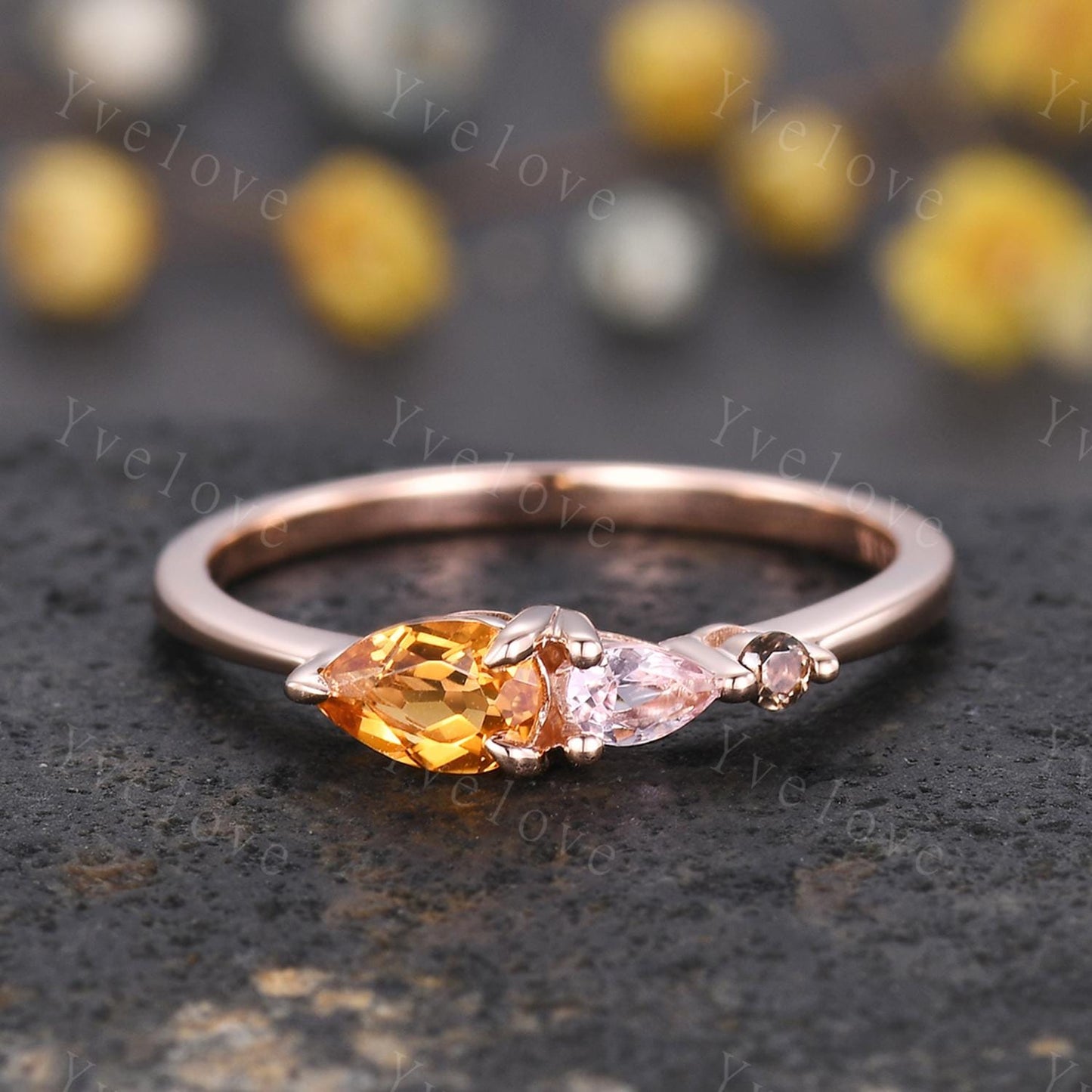 Vintage Yellow Citrine Morganite Engagement Ring,Pear Cut Gems,Art Deco Smoky Quartz Wedding Band,3 Stone Unique Women Bridal Promise Ring