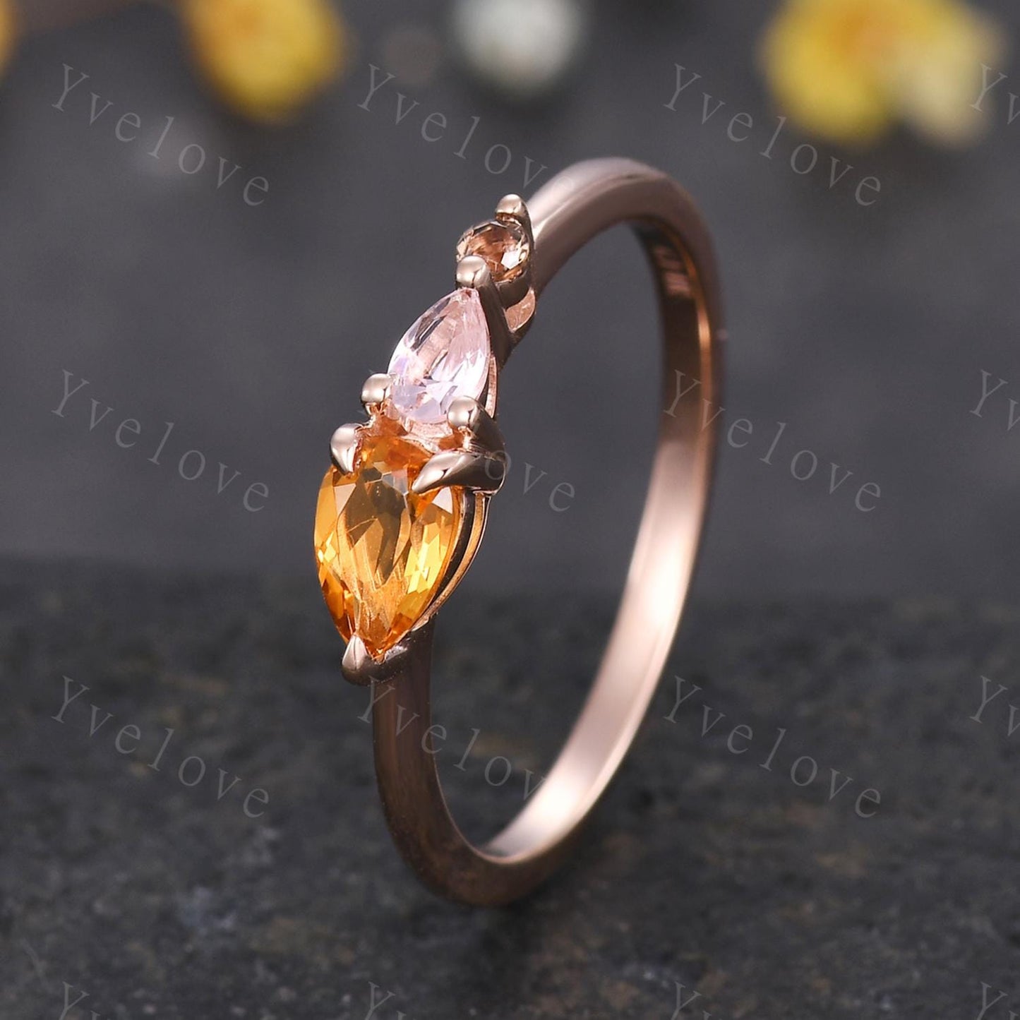 Vintage Yellow Citrine Morganite Engagement Ring,Pear Cut Gems,Art Deco Smoky Quartz Wedding Band,3 Stone Unique Women Bridal Promise Ring