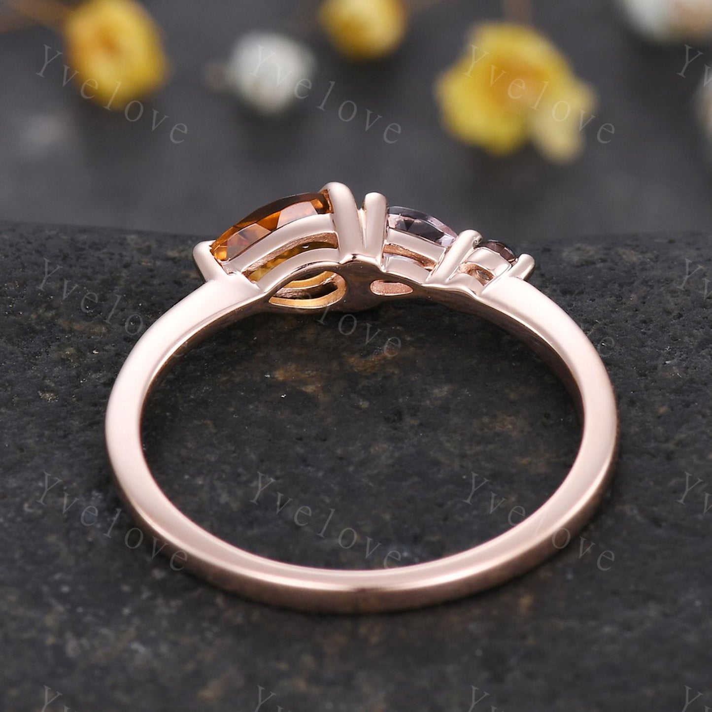 Vintage Yellow Citrine Morganite Engagement Ring,Pear Cut Gems,Art Deco Smoky Quartz Wedding Band,3 Stone Unique Women Bridal Promise Ring