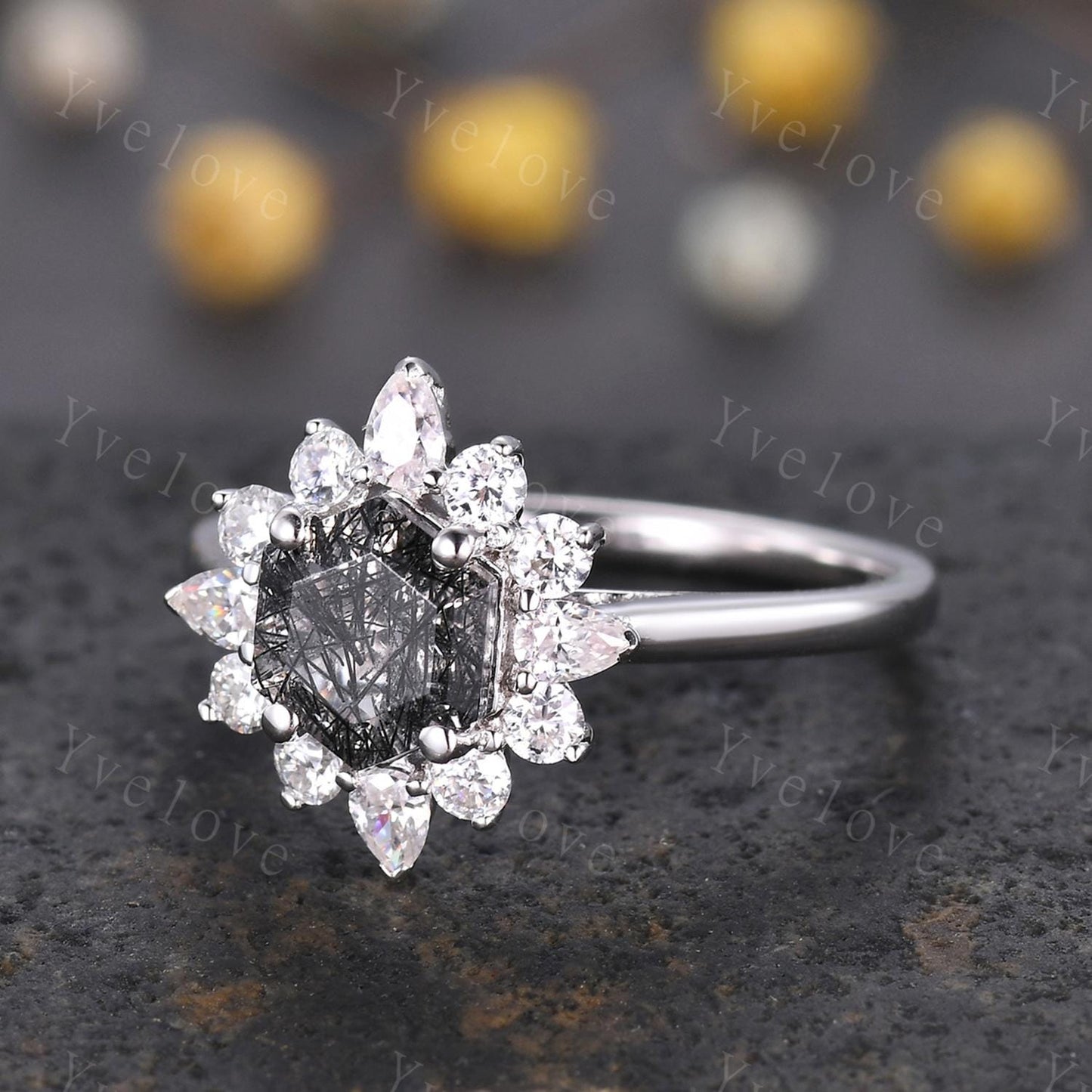 Retro Hexagon Cut Black Rutilated Quartz Engagement Ring,Vingate Moissanite Band,Silver,Women Matching Wedding Ring Set Promise Ring Gift