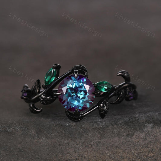 Vintage round cut alexandrite engagement ring gothic black gold art deco emerald leaf ring nature inspired bridal promise ring for her