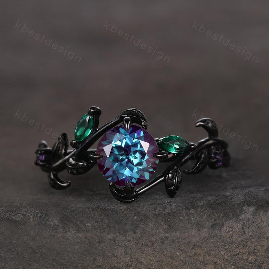 Vintage round cut alexandrite engagement ring gothic black gold art deco emerald leaf ring nature inspired bridal promise ring for her