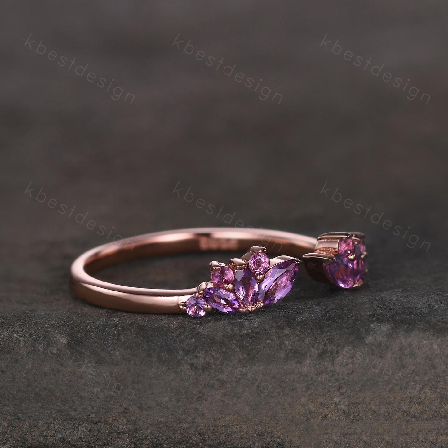 Open gap Amethyst Wedding Band rose gold vintage petal wedding ring Delicate Stacking matching curved wedding band bridal ring gift