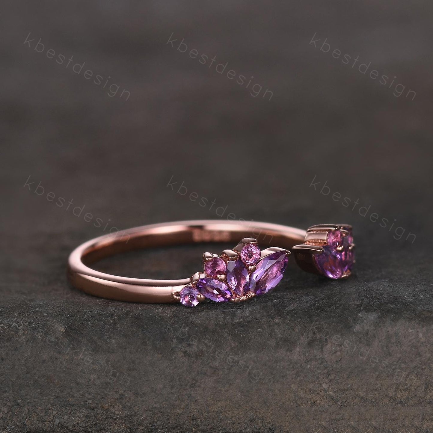 Open gap Amethyst Wedding Band rose gold vintage petal wedding ring Delicate Stacking matching curved wedding band bridal ring gift