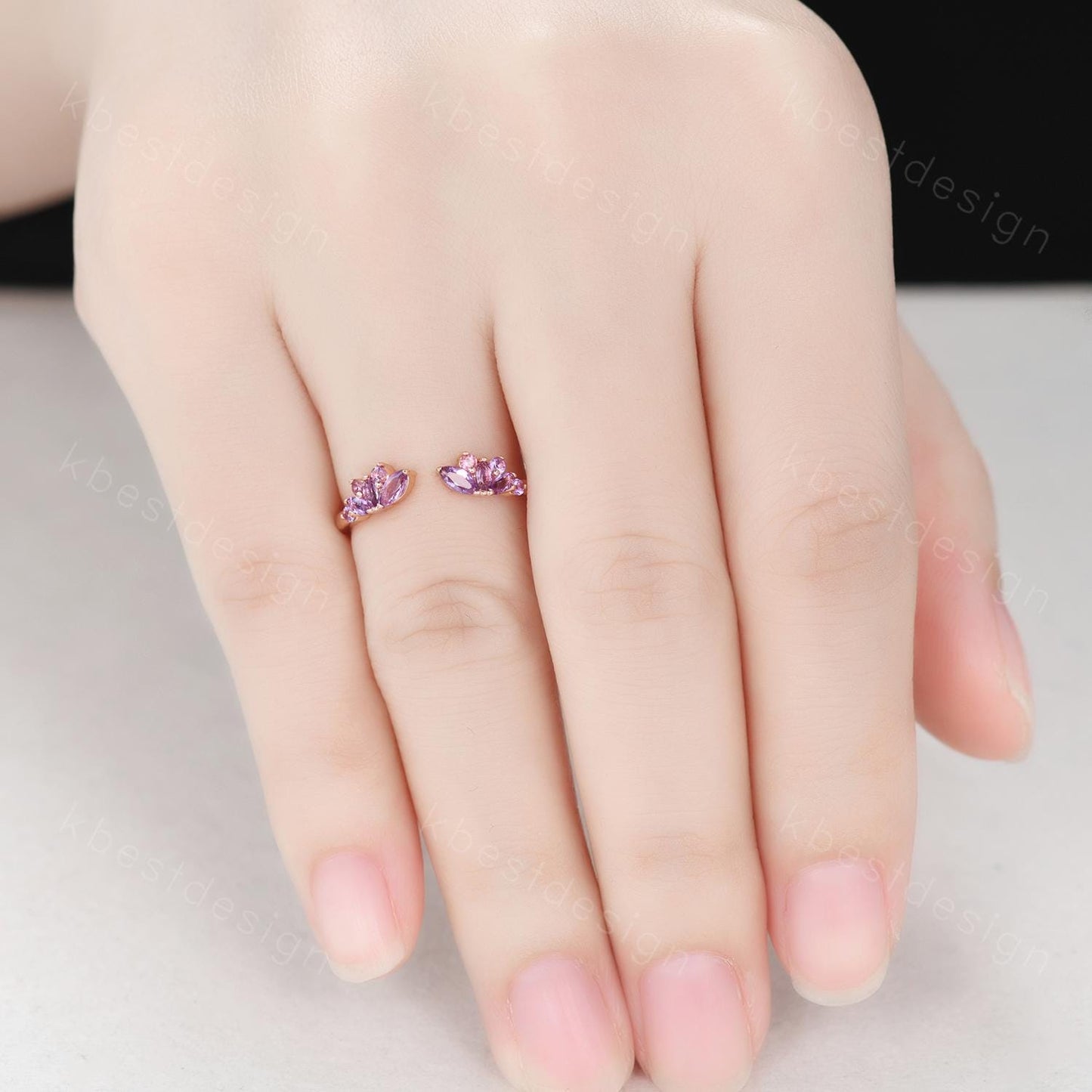 Open gap Amethyst Wedding Band rose gold vintage petal wedding ring Delicate Stacking matching curved wedding band bridal ring gift
