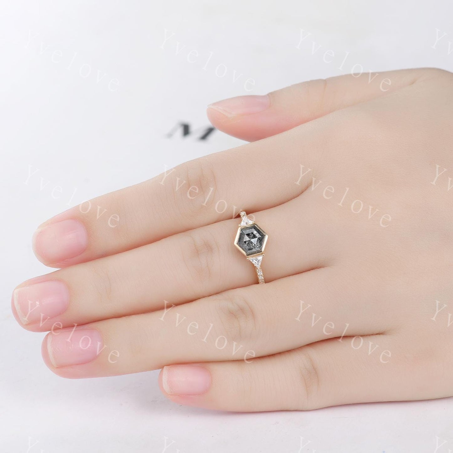 Vintage Hexagon Salt Pepper Diamond Engagement Ring Set,Triangle Moissanite,Solid Gold Bridal Ring,Art Deco Plain Matching Band Promise Gift
