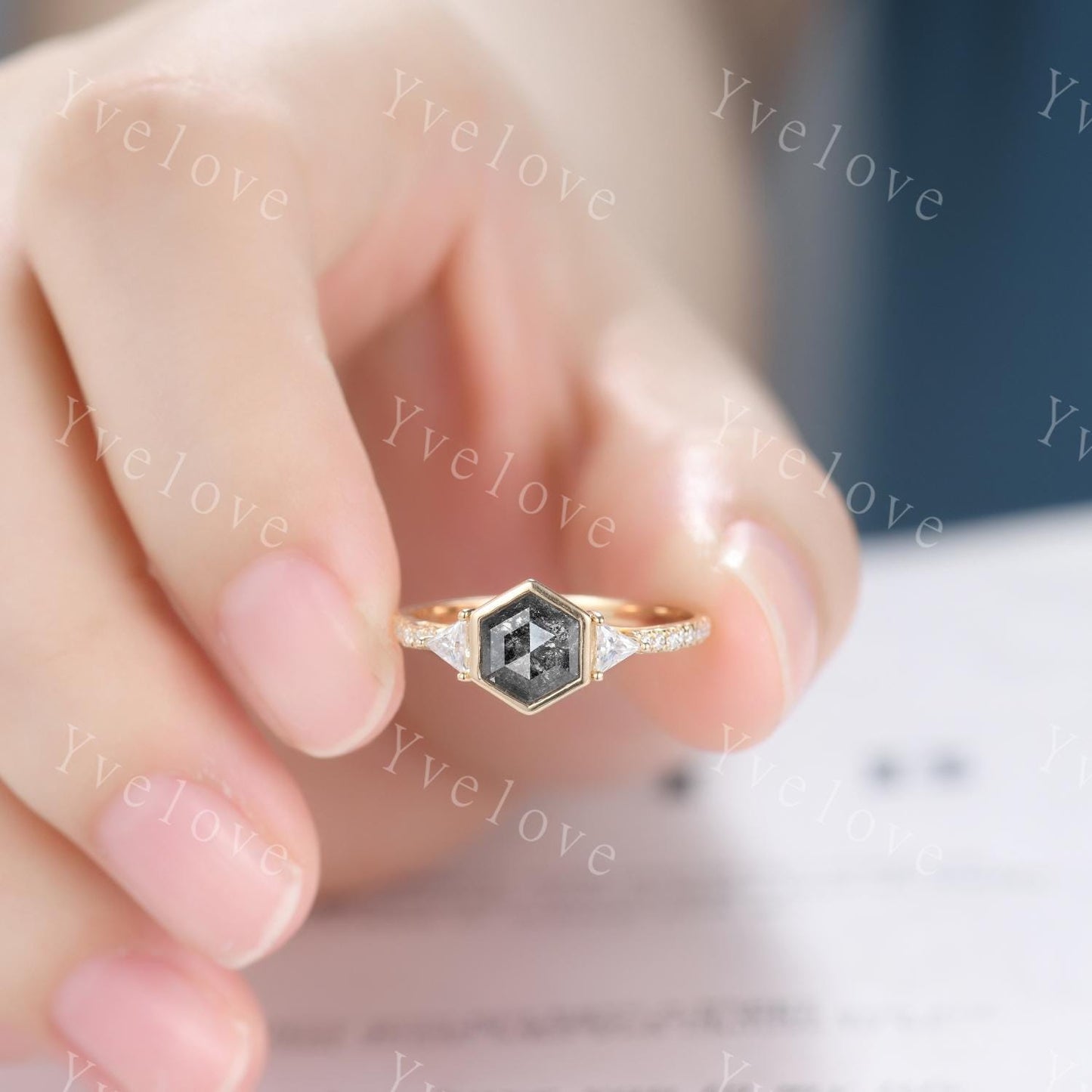 Vintage Hexagon Cut Salt Pepper Diamond Engagement Ring,Triangle Moissanite Band,14K Gold Bridal Ring,Art Deco Women Ring Promise Gift