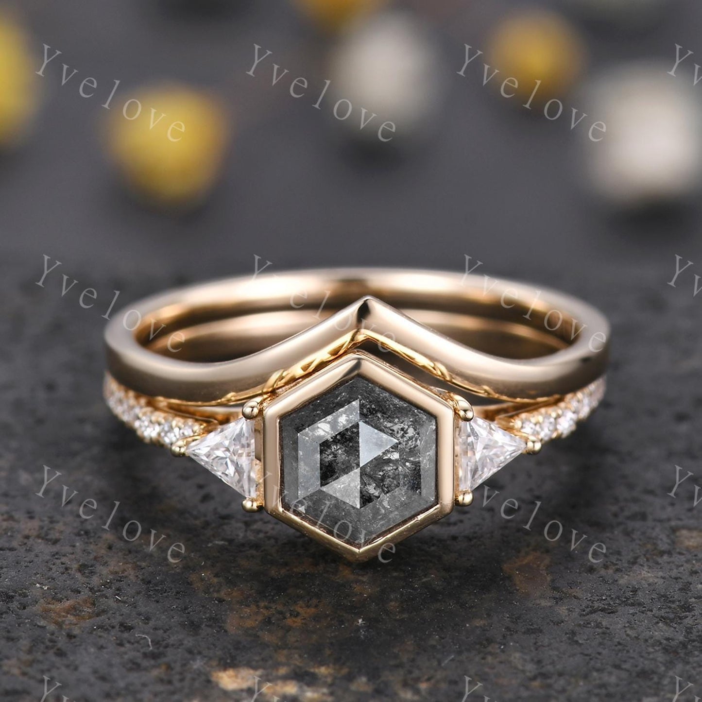 Vintage Hexagon Salt Pepper Diamond Engagement Ring Set,Triangle Moissanite,Solid Gold Bridal Ring,Art Deco Plain Matching Band Promise Gift