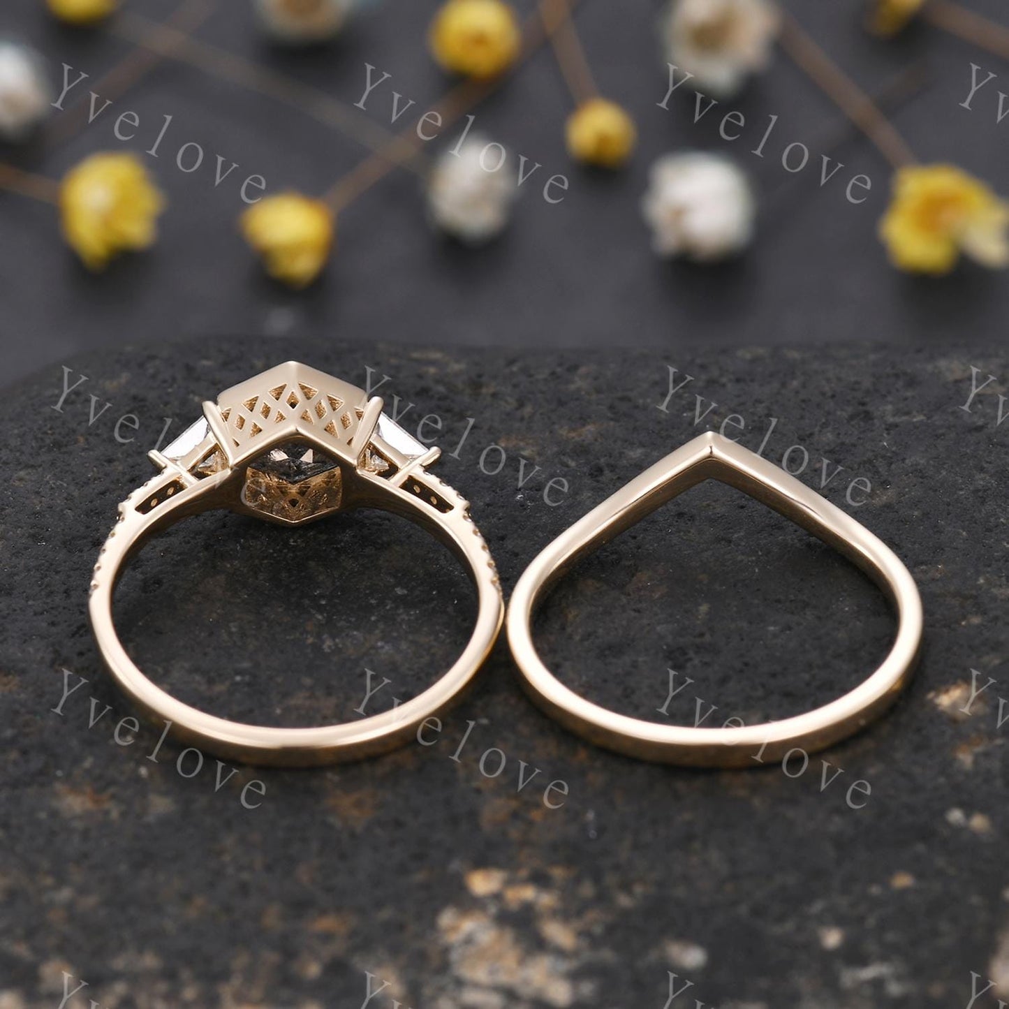 Vintage Hexagon Salt Pepper Diamond Engagement Ring Set,Triangle Moissanite,Solid Gold Bridal Ring,Art Deco Plain Matching Band Promise Gift