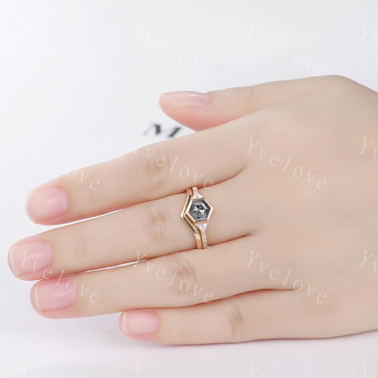 Vintage Hexagon Cut Salt Pepper Diamond Engagement Ring,Triangle Moissanite Band,14K Gold Bridal Ring,Art Deco Women Ring Promise Gift