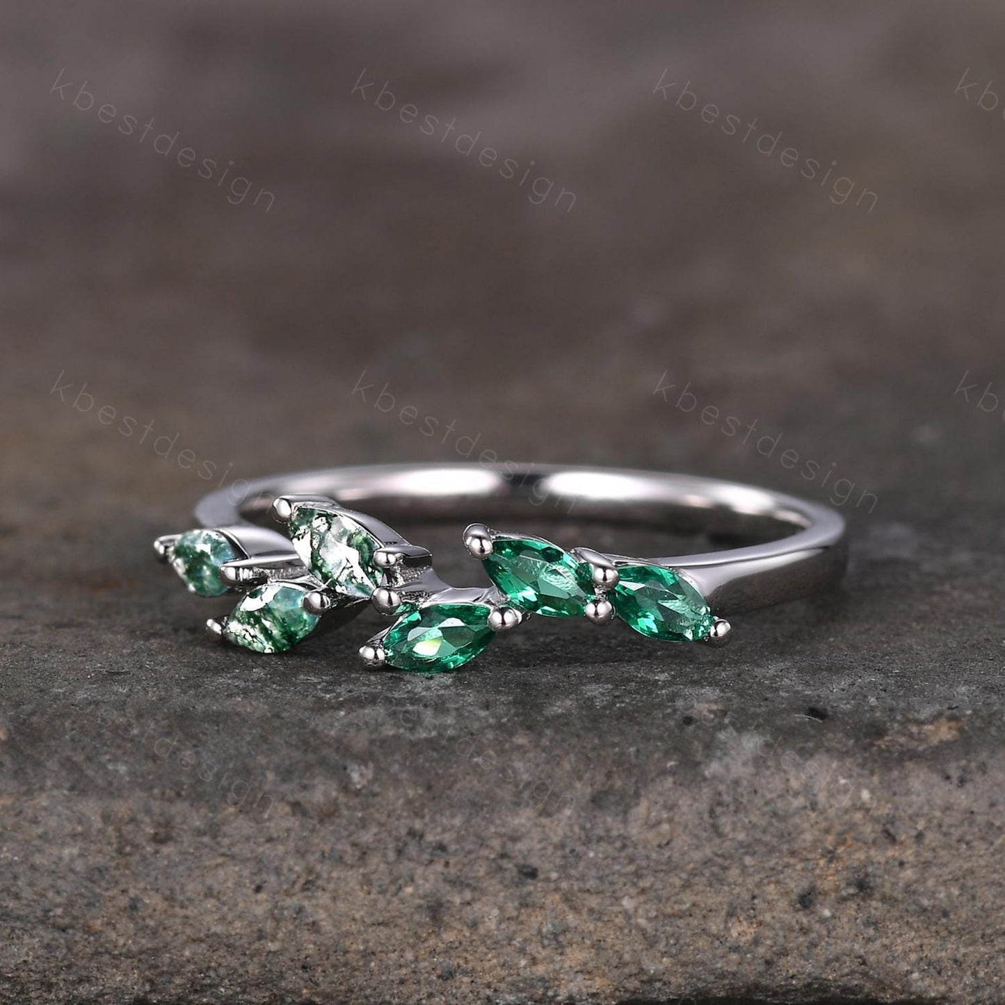 Moss agate emerald wedding band Unique marquise cut moss agate wedding band Vintage emerald band gemstone ring Anniversary gift for her