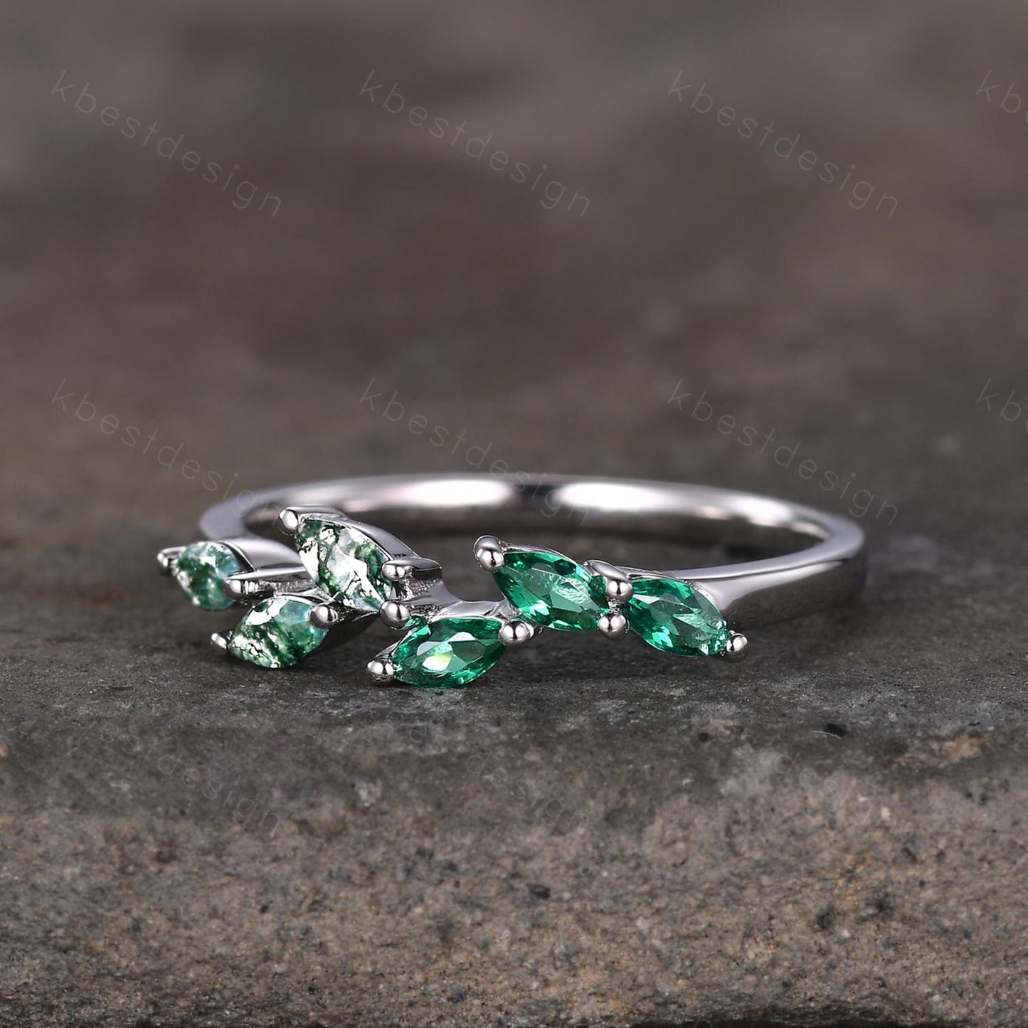 Moss agate emerald wedding band Unique marquise cut moss agate wedding band Vintage emerald band gemstone ring Anniversary gift for her