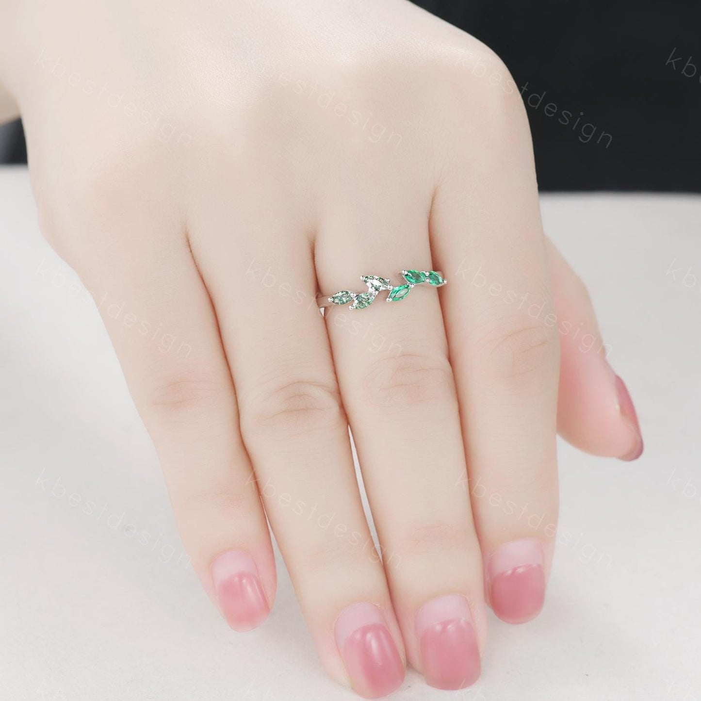 Moss agate emerald wedding band Unique marquise cut moss agate wedding band Vintage emerald band gemstone ring Anniversary gift for her