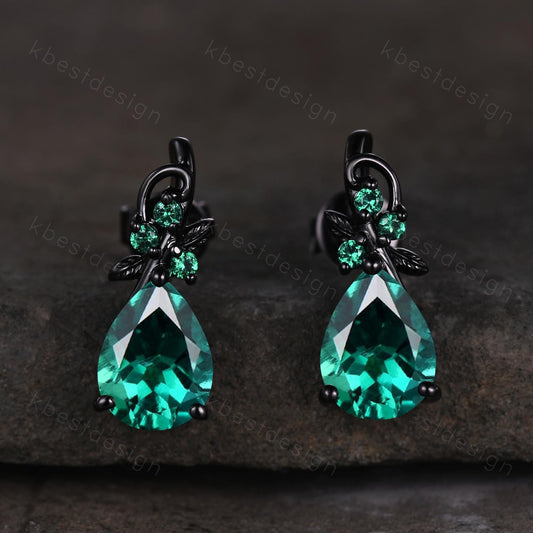 Nature inspired emerald earrings women black gold earring studs teardrop earrings art deco May birthstone studs anniversary gift for her