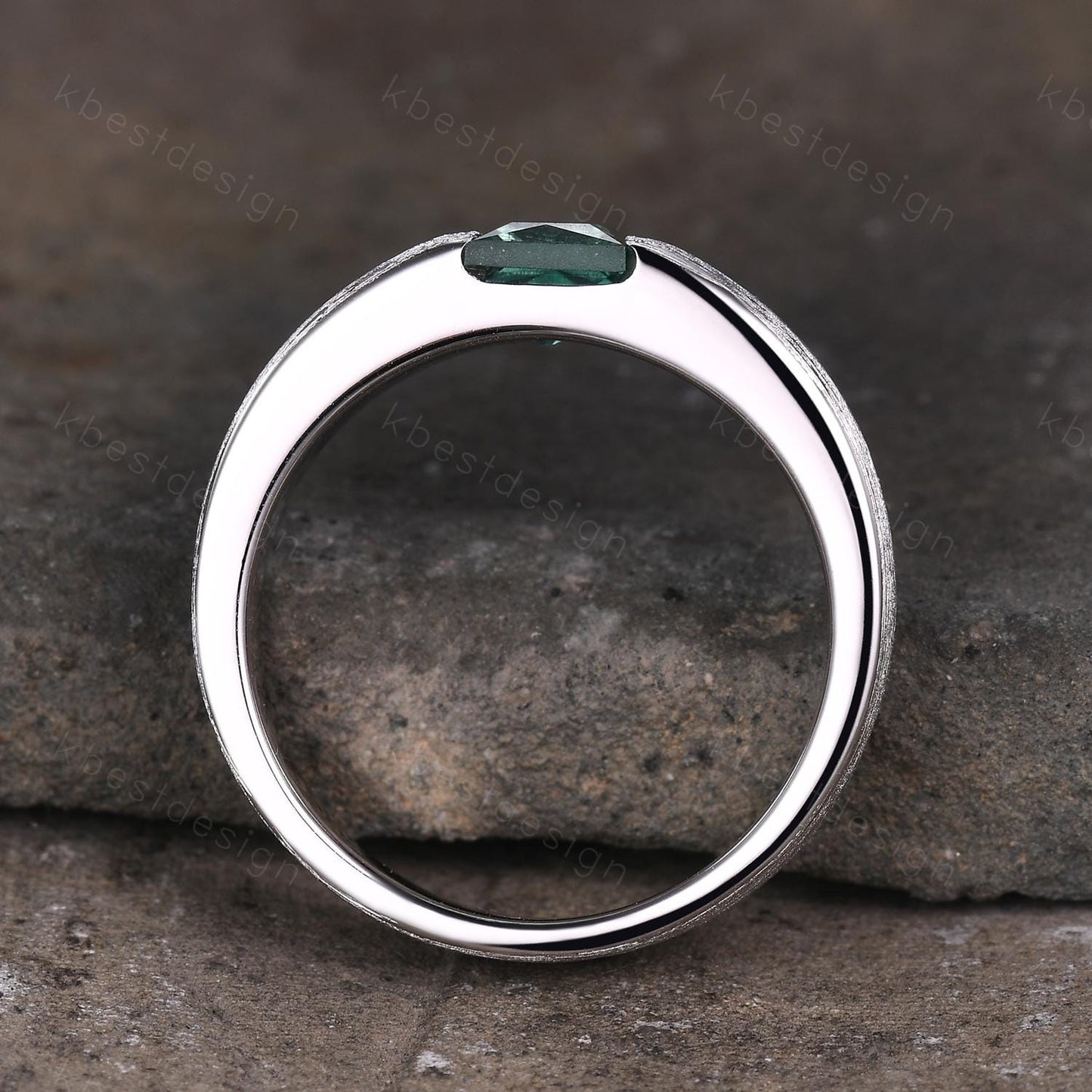 Mens Green Sapphire Wedding Band, 5mm Princess Cut Teal Sapphire Mens Wedding Band, White Gold Brush Finished Wedding Ring, His Wedding Band