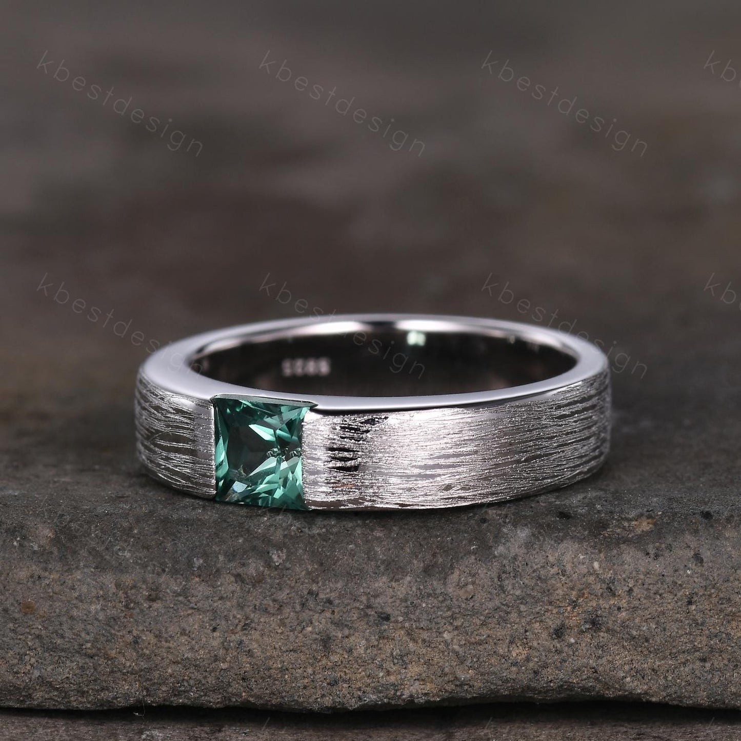 Mens Green Sapphire Wedding Band, 5mm Princess Cut Teal Sapphire Mens Wedding Band, White Gold Brush Finished Wedding Ring, His Wedding Band