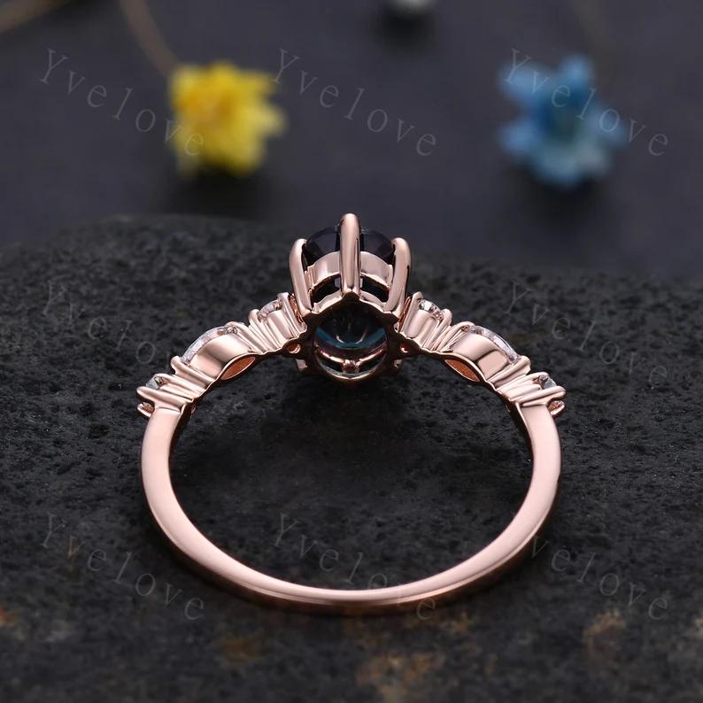 Vintage alexandrite engagement ring,Unique diamond gold wedding ring,Art deco alexandrite matching stacking ring,bridal rings for women