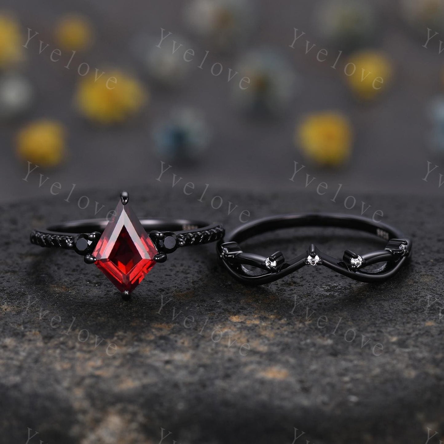 Retro Kite Red Garnet Engagement Ring,Vintage Black Silver Ring Set,Unique Black Spinel Diamond Promise Ring Anniversary Gift Birthstone