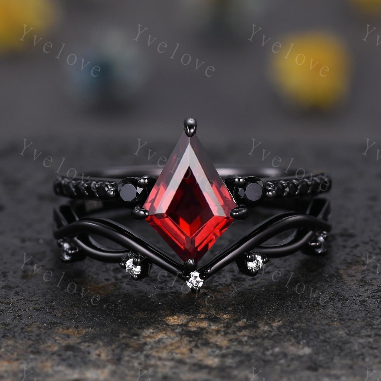 Retro Kite Red Garnet Engagement Ring,Vintage Black Silver Ring Set,Unique Black Spinel Diamond Promise Ring Anniversary Gift Birthstone
