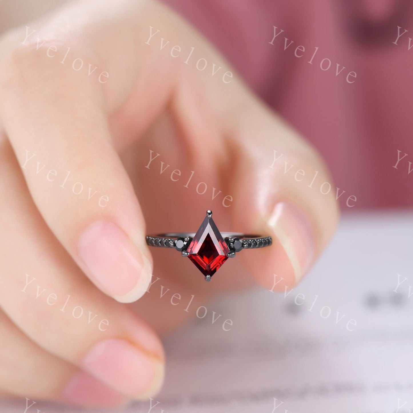 Retro Kite Red Garnet Engagement Ring,Vintage Black Silver Ring Set,Unique Black Spinel Diamond Promise Ring Anniversary Gift Birthstone