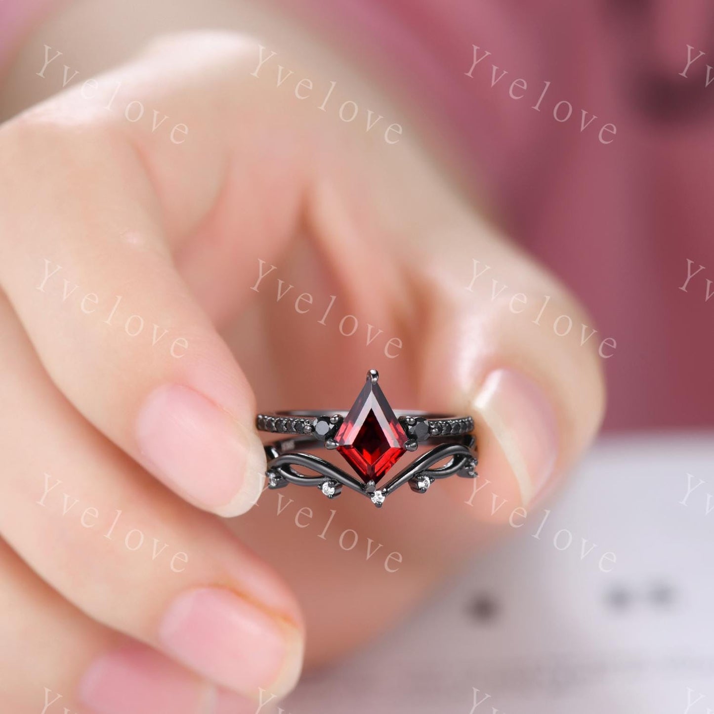 Retro Kite Red Garnet Engagement Ring,Vintage Black Silver Ring Set,Unique Black Spinel Diamond Promise Ring Anniversary Gift Birthstone