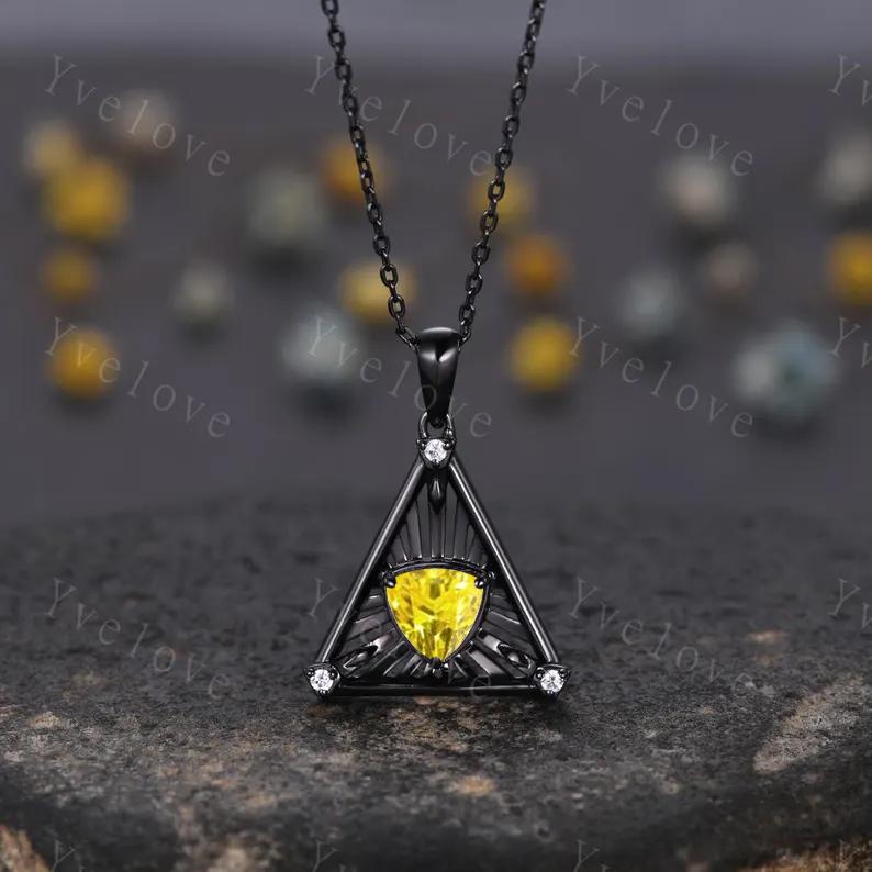Gothic triangle cut alexandrite pendant black gold unique trillion shape alexandrite engagement necklace women retro wedding necklace gift