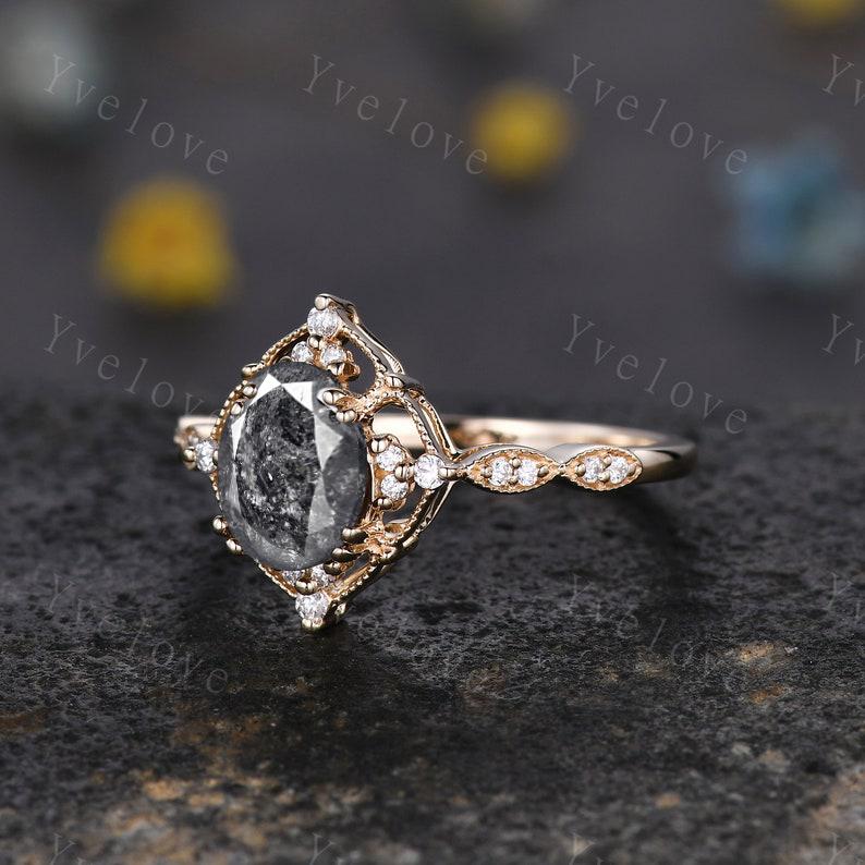 Vintage Salt and Pepper Diamond Engagement Ring,Oval Shaped Diamond Ring,14K Solid Gold Ring,Unique Women Promise Ring For Her,Handmade Gift