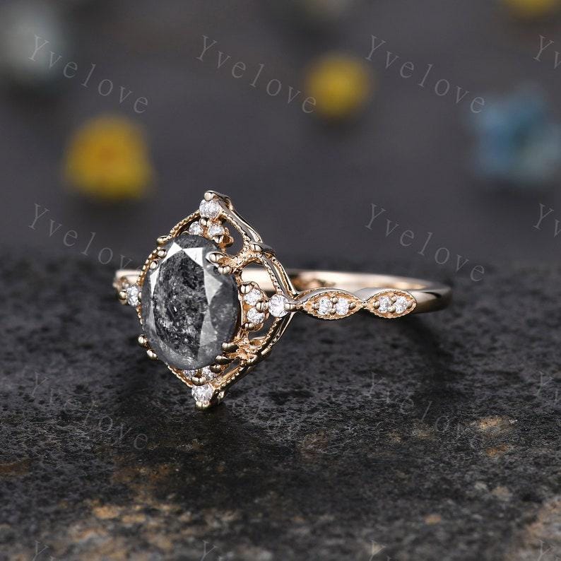 Vintage Salt and Pepper Diamond Engagement Ring,Oval Shaped Diamond Ring Set,14K Gold Ring,Unique Women Promise Ring For Her,Handmade Gift