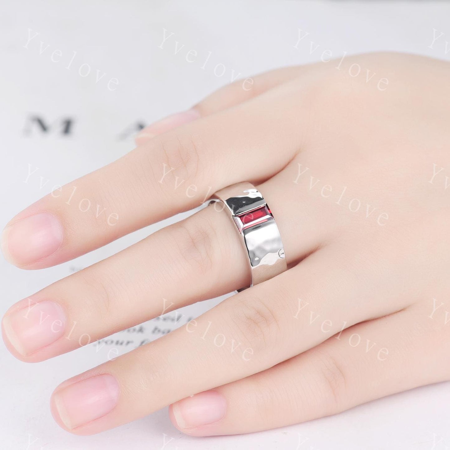 Custom order for hannahsummy, 8mm width smooth band, with baguette black rutilated quartz, 10k white gold.