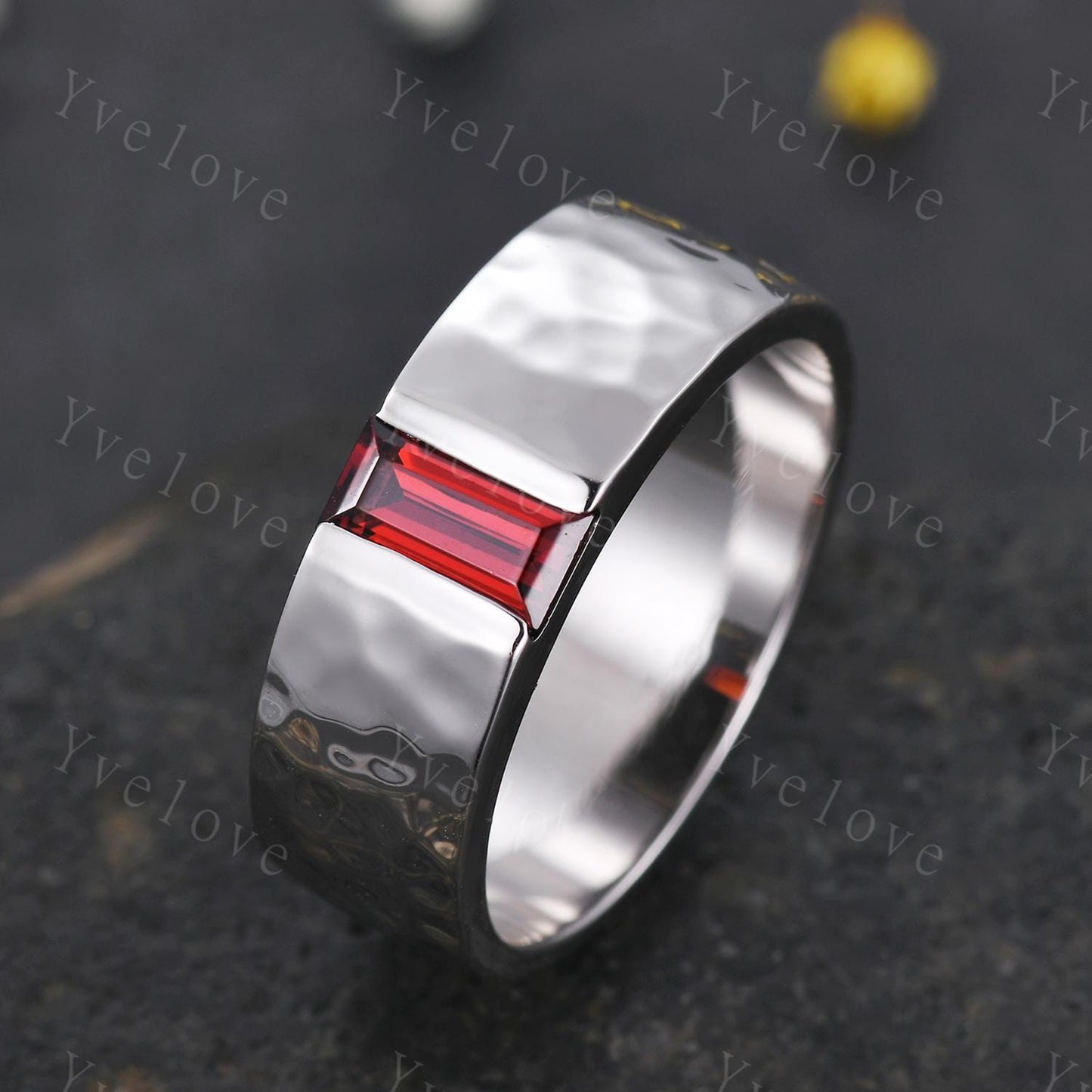 8mm Mens Garnet Wedding Band Baguette Red Garnet Band White Gold Ring Mens Hammered Stacking Matching Band Retro Vintage Ring Mens Gift