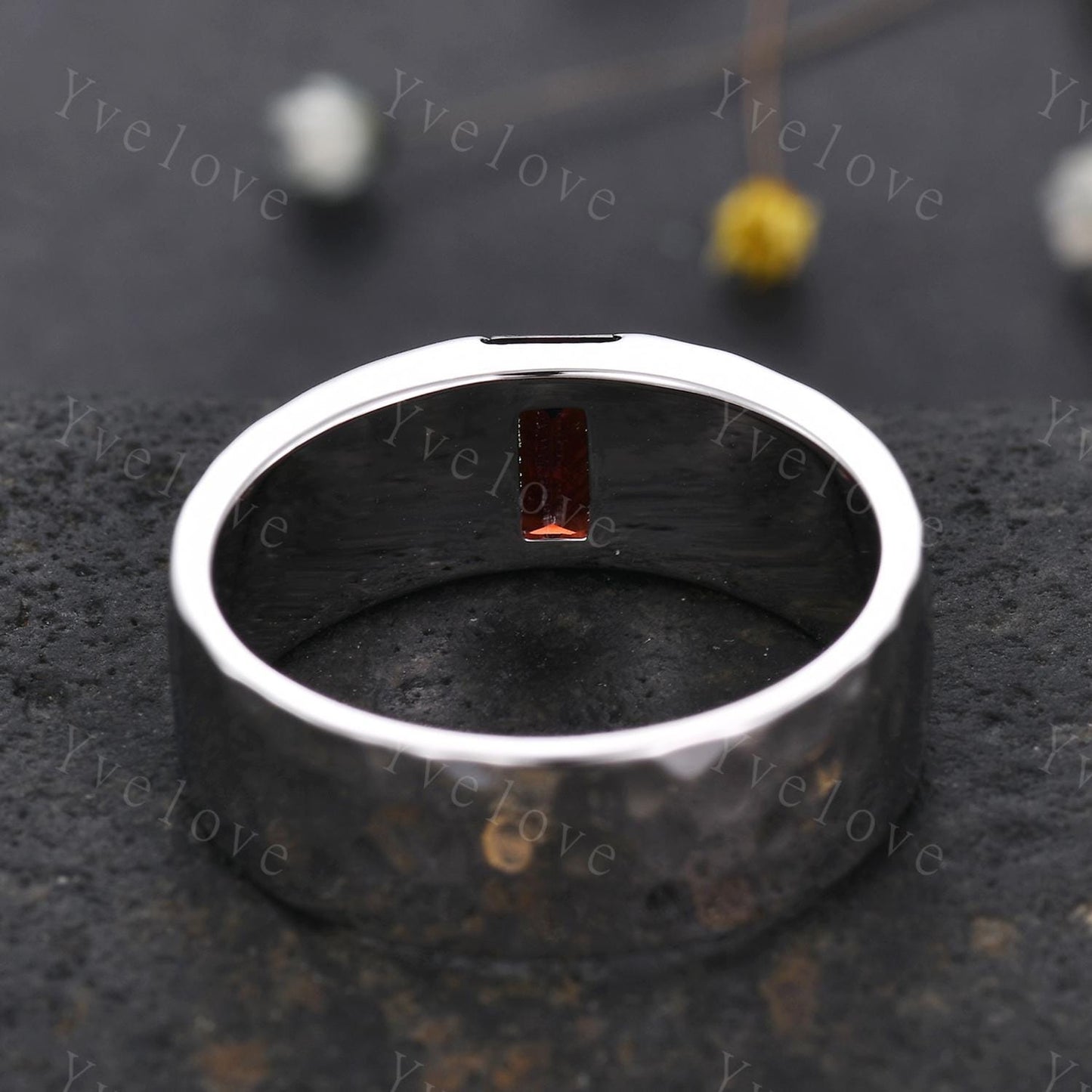 8mm Mens Garnet Wedding Band Baguette Red Garnet Band White Gold Ring Mens Hammered Stacking Matching Band Retro Vintage Ring Mens Gift