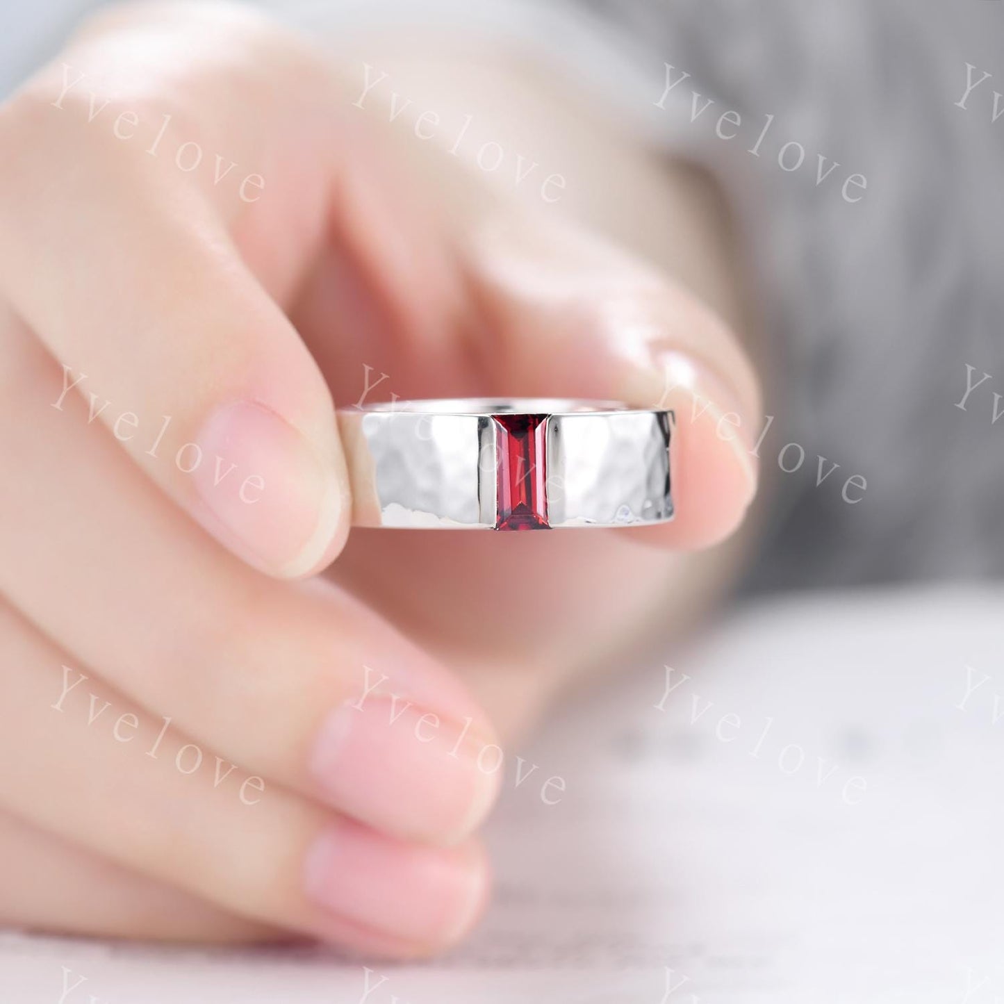 Custom order for hannahsummy, 8mm width smooth band, with baguette black rutilated quartz, 10k white gold.