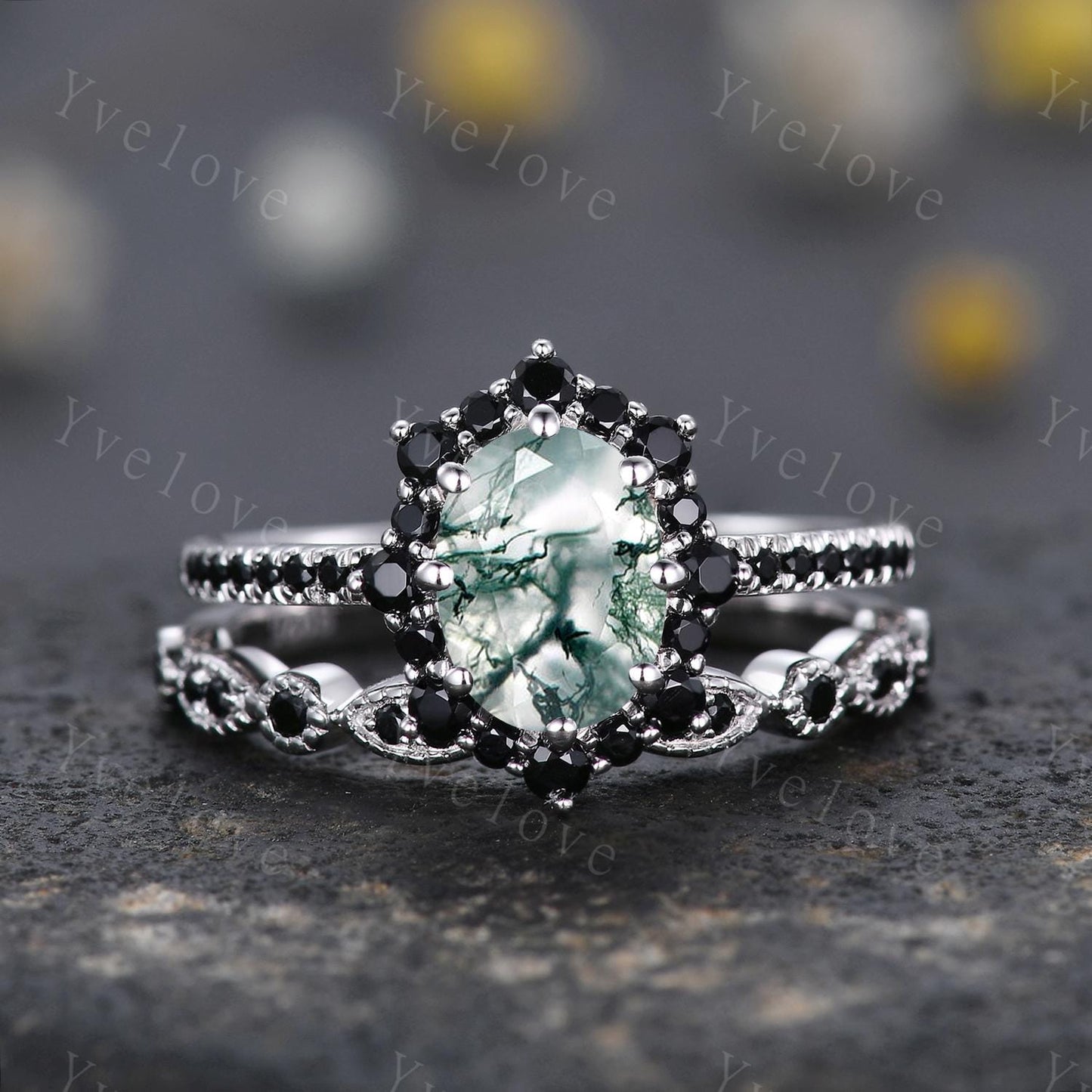 Gothic Oval Cut Moss Agate Engagement Ring,White Gold Black Diamond Promise Ring Unique Natural Inspired Ring Bridal Ring Personalized Gift