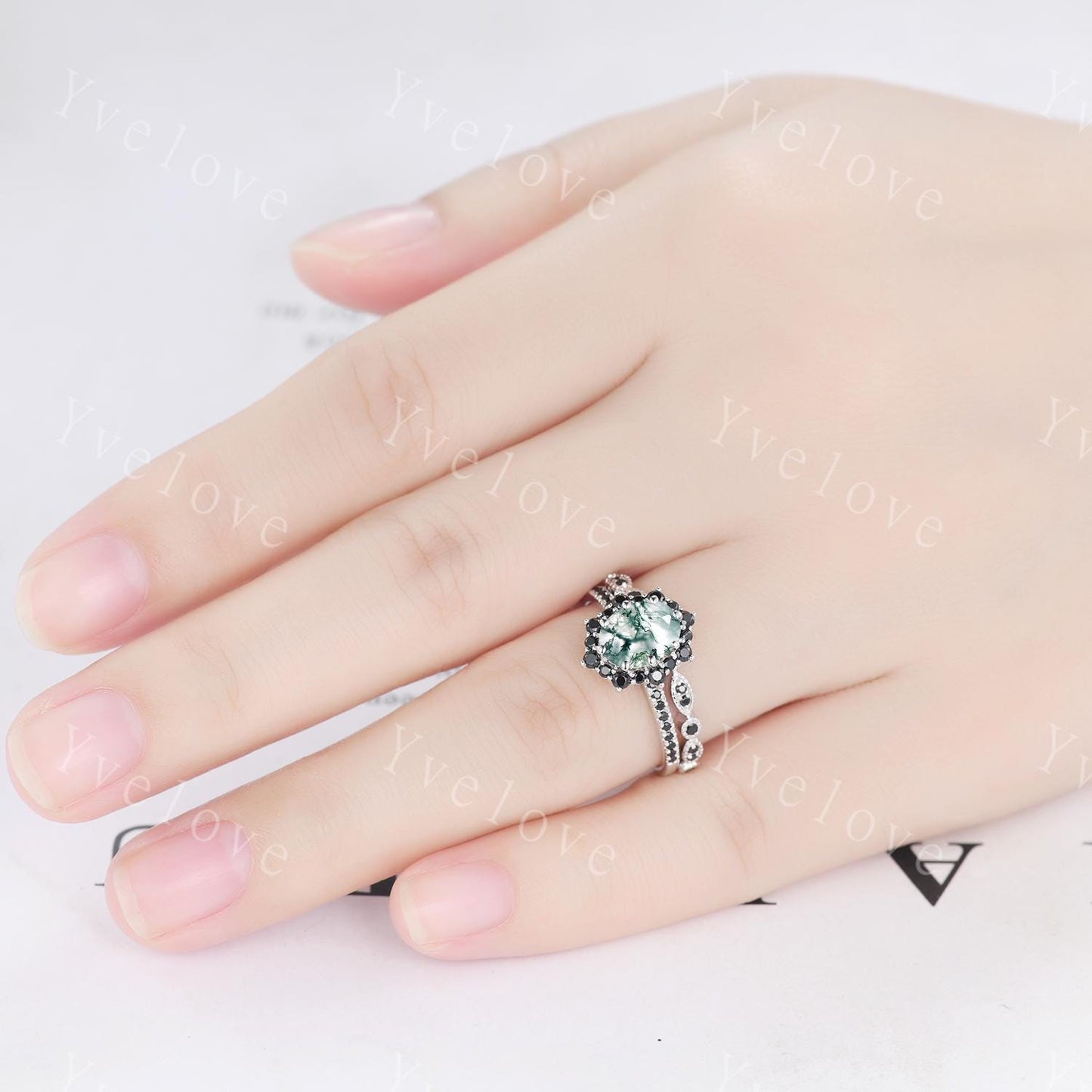 Gothic Oval Cut Moss Agate Engagement Ring,White Gold Black Diamond Promise Ring Unique Natural Inspired Ring Bridal Ring Personalized Gift