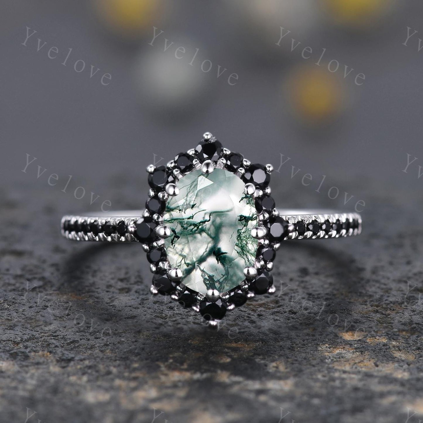Gothic Oval Cut Moss Agate Engagement Ring,White Gold Black Diamond Promise Ring Unique Natural Inspired Ring Bridal Ring Personalized Gift