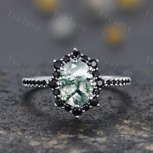 Gothic Oval Cut Moss Agate Engagement Ring,White Gold Black Diamond Promise Ring Unique Natural Inspired Ring Bridal Ring Personalized Gift