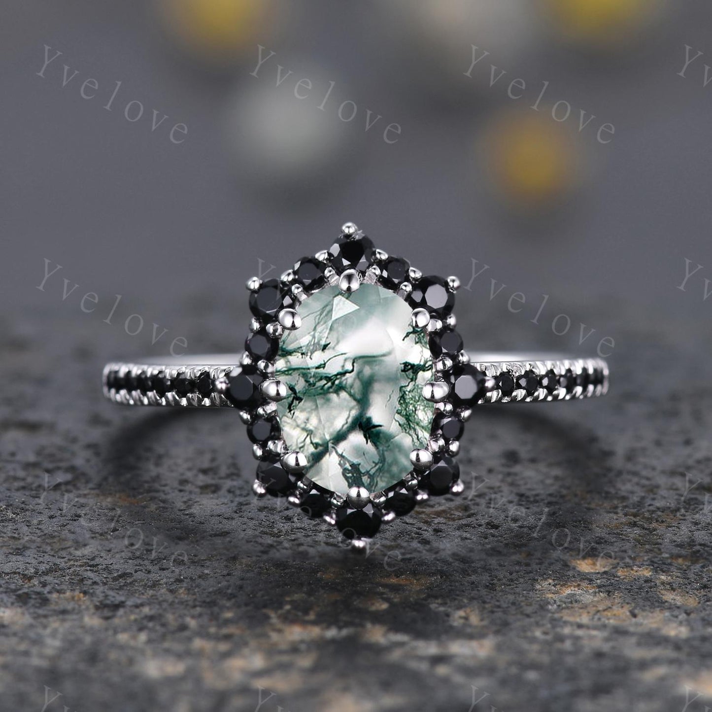 Gothic Oval Shape Moss Agate Engagement Ring Set,White Gold Black Diamond Promise Ring Set Unique Natural Inspired Ring Bridal Set Gift