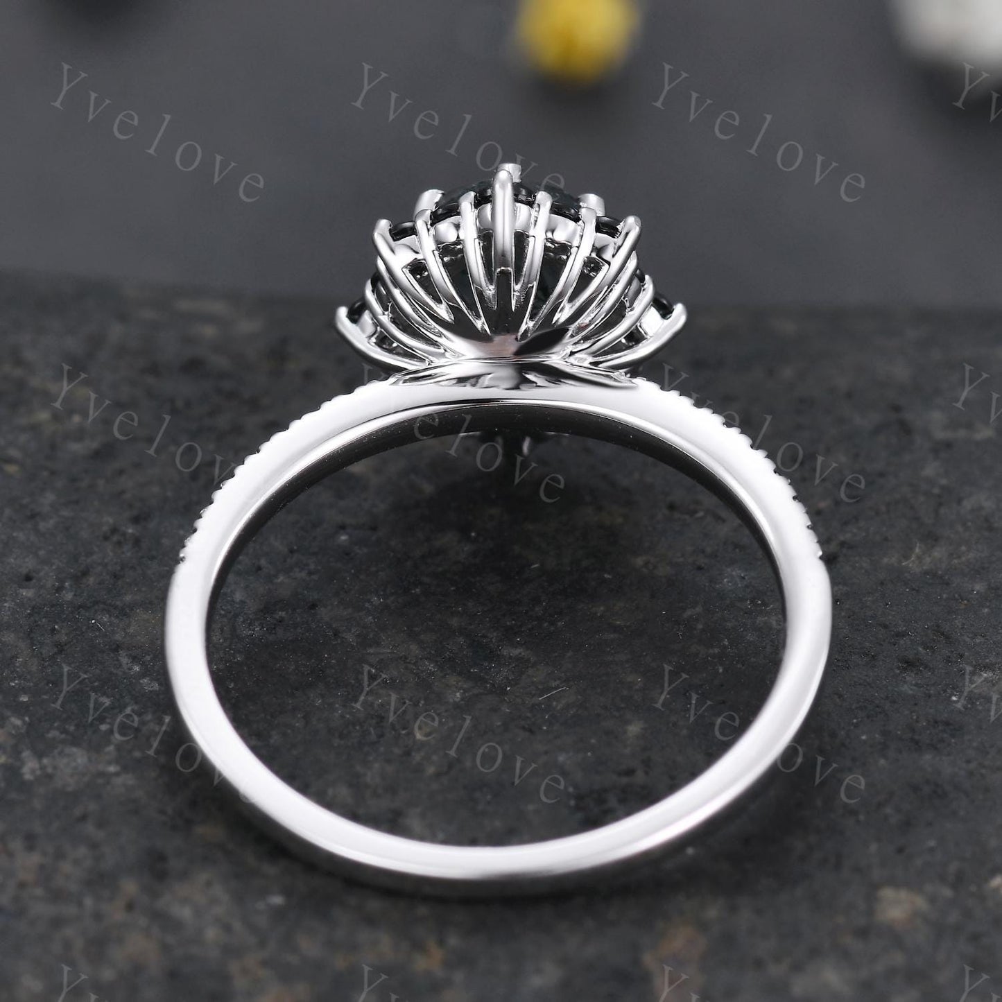 Gothic Oval Cut Moss Agate Engagement Ring,White Gold Black Diamond Promise Ring Unique Natural Inspired Ring Bridal Ring Personalized Gift