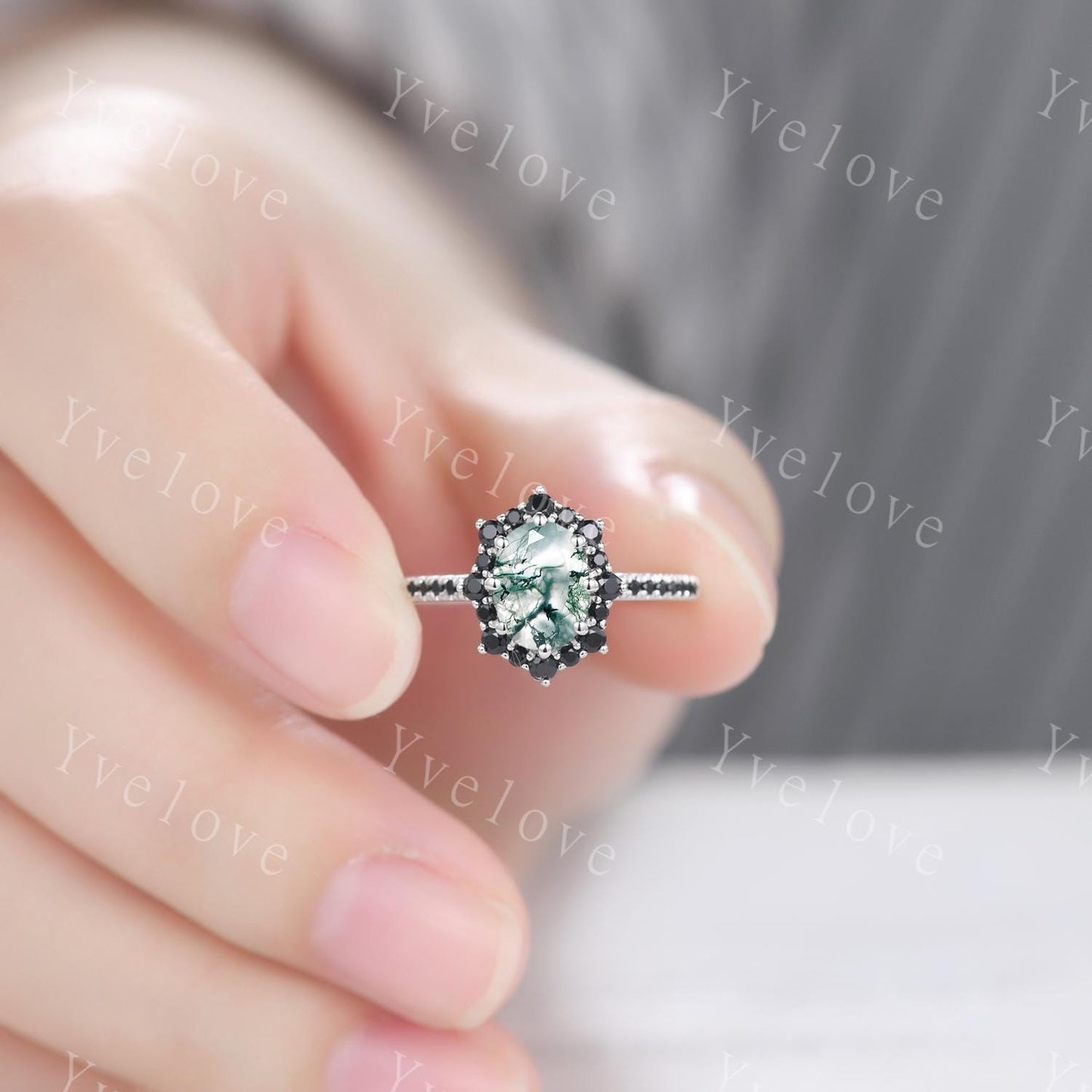 Gothic Oval Cut Moss Agate Engagement Ring,White Gold Black Diamond Promise Ring Unique Natural Inspired Ring Bridal Ring Personalized Gift