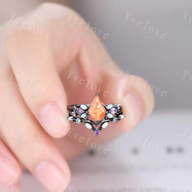 Vintage Kite Sunstone Engagement Ring Set,Black Gold,Vines Amethyst Opal Ring,Women Bridal Set,Unique Twig Anniversary Promise Ring Gift