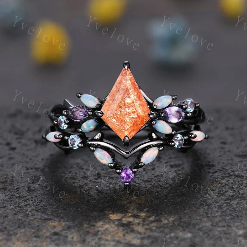 Vintage Kite Sunstone Engagement Ring Set,Black Gold,Vines Amethyst Opal Ring,Women Bridal Set,Unique Twig Anniversary Promise Ring Gift