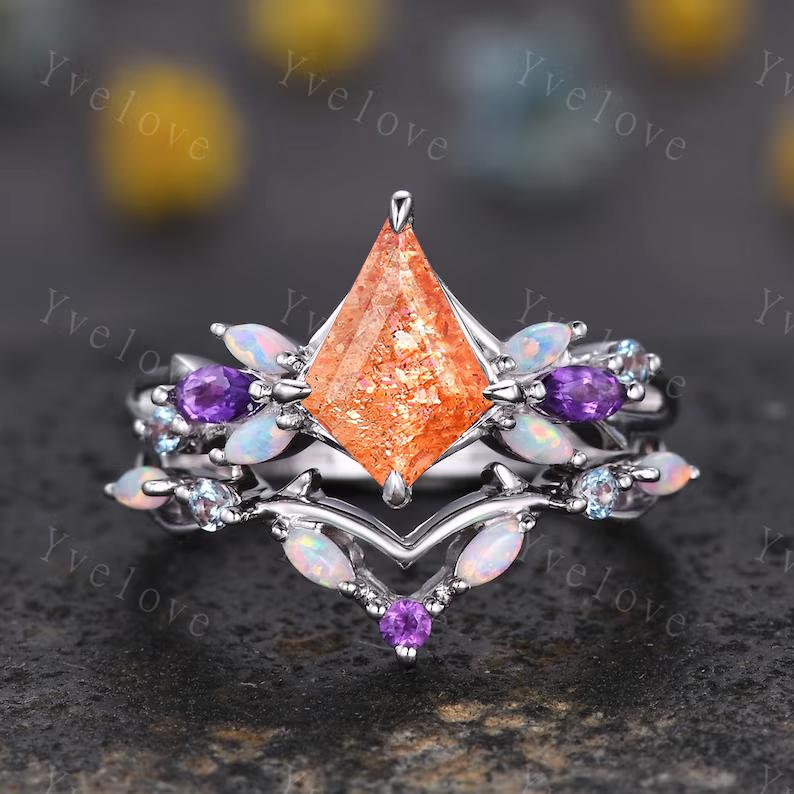 Vintage Kite Sunstone Engagement Ring Set,Black Gold,Vines Amethyst Opal Ring,Women Bridal Set,Unique Twig Anniversary Promise Ring Gift