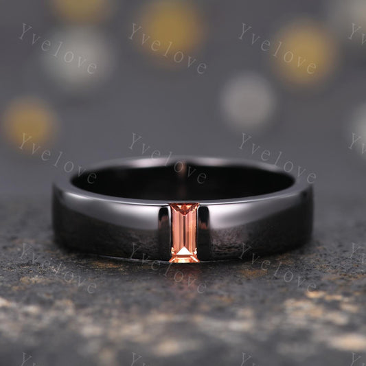 Mens Orange Sapphire Wedding Band Baguette Cut Sapphire Band 5mm Black Gold Ring Mens Stacking Matching Band Retro Ring Gift For Husband