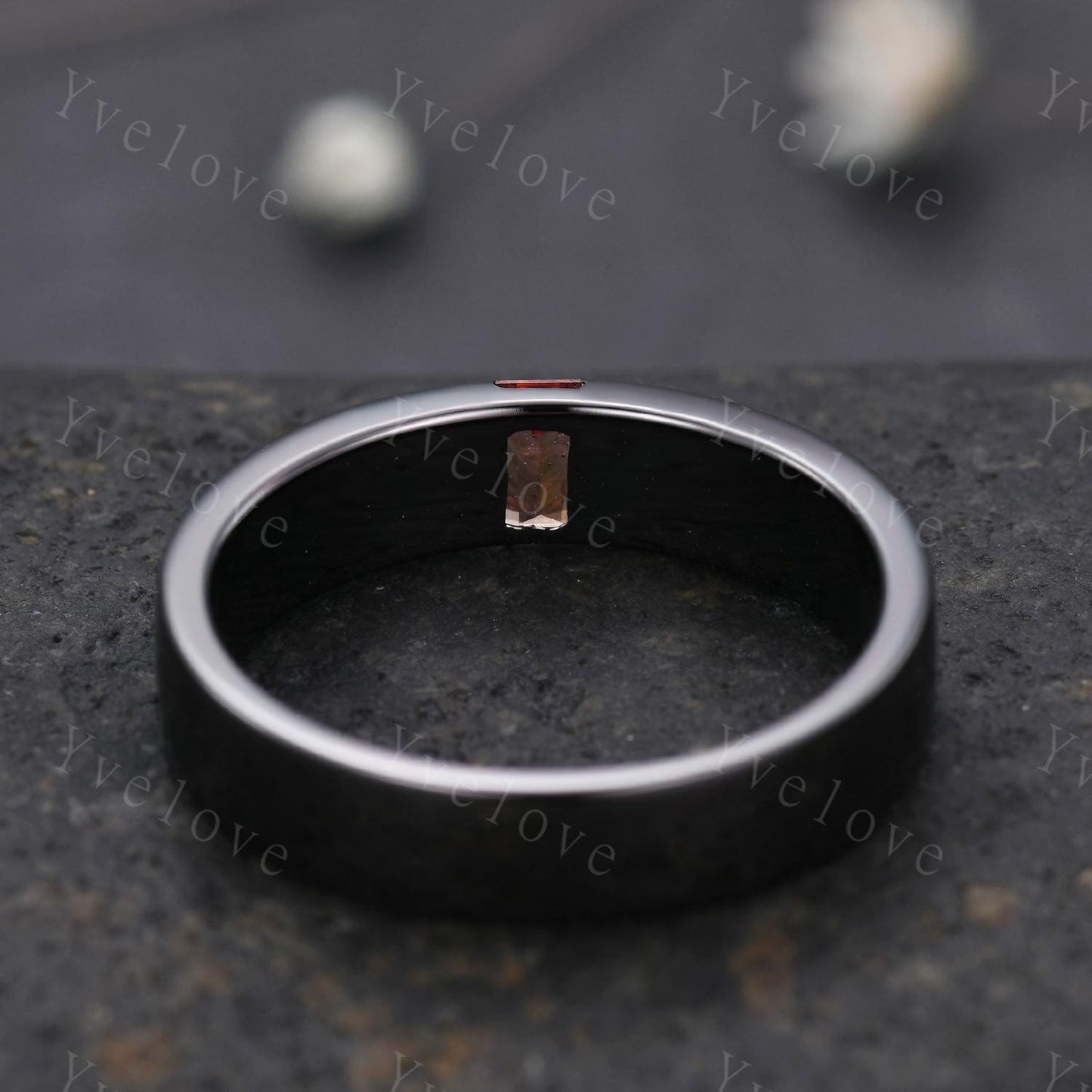 Mens Orange Sapphire Wedding Band Baguette Cut Sapphire Band 5mm Black Gold Ring Mens Stacking Matching Band Retro Ring Gift For Husband