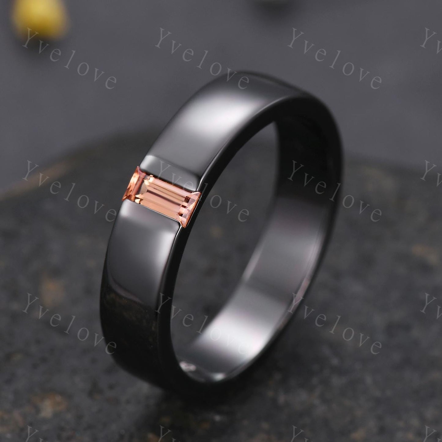 Mens Orange Sapphire Wedding Band Baguette Cut Sapphire Band 5mm Black Gold Ring Mens Stacking Matching Band Retro Ring Gift For Husband
