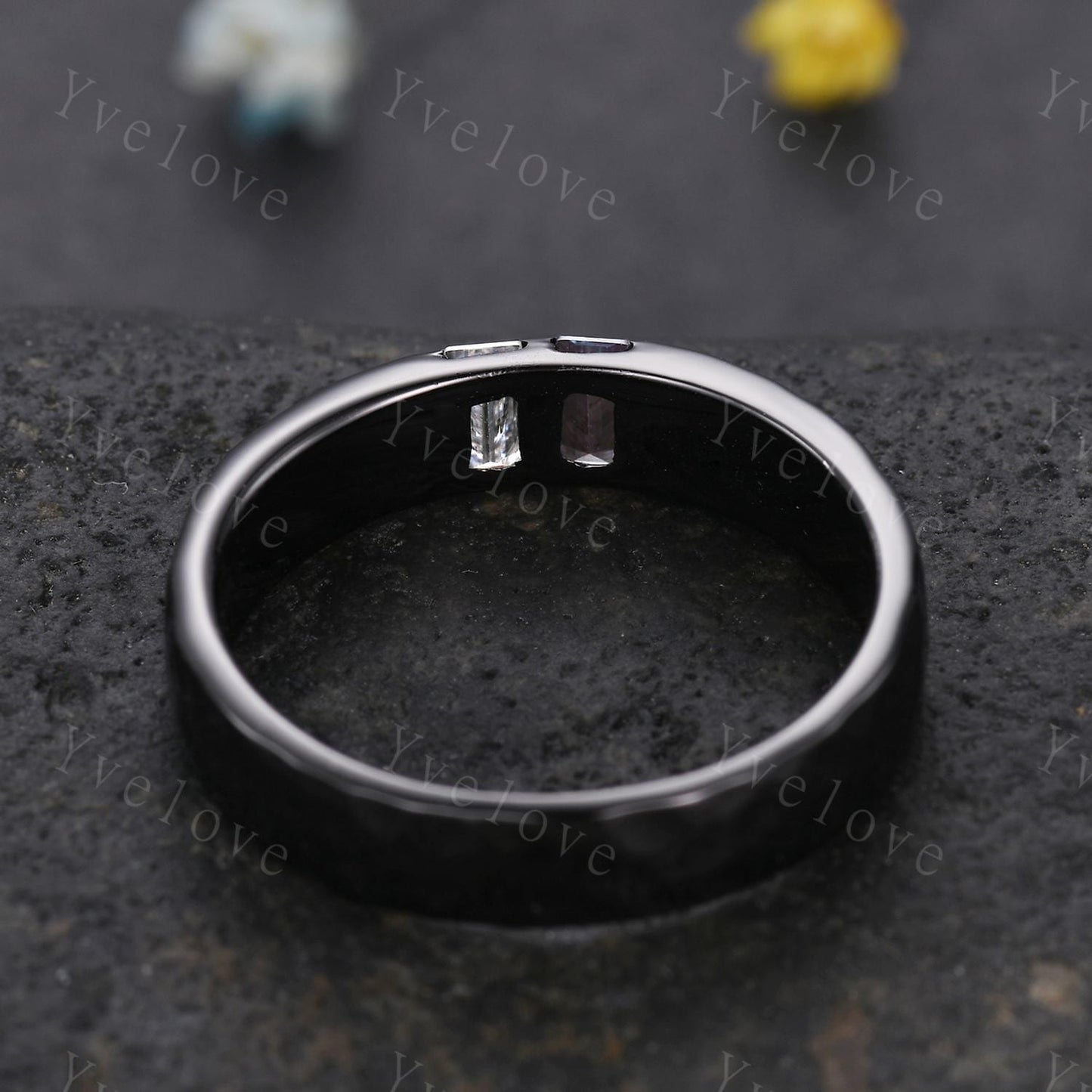 Mens Alexandrite Moissanite Wedding Band Baguette Cut Alexandrite Ring Black Gold Ring Hammered Stacking Matching Band Retro Vintage Gift