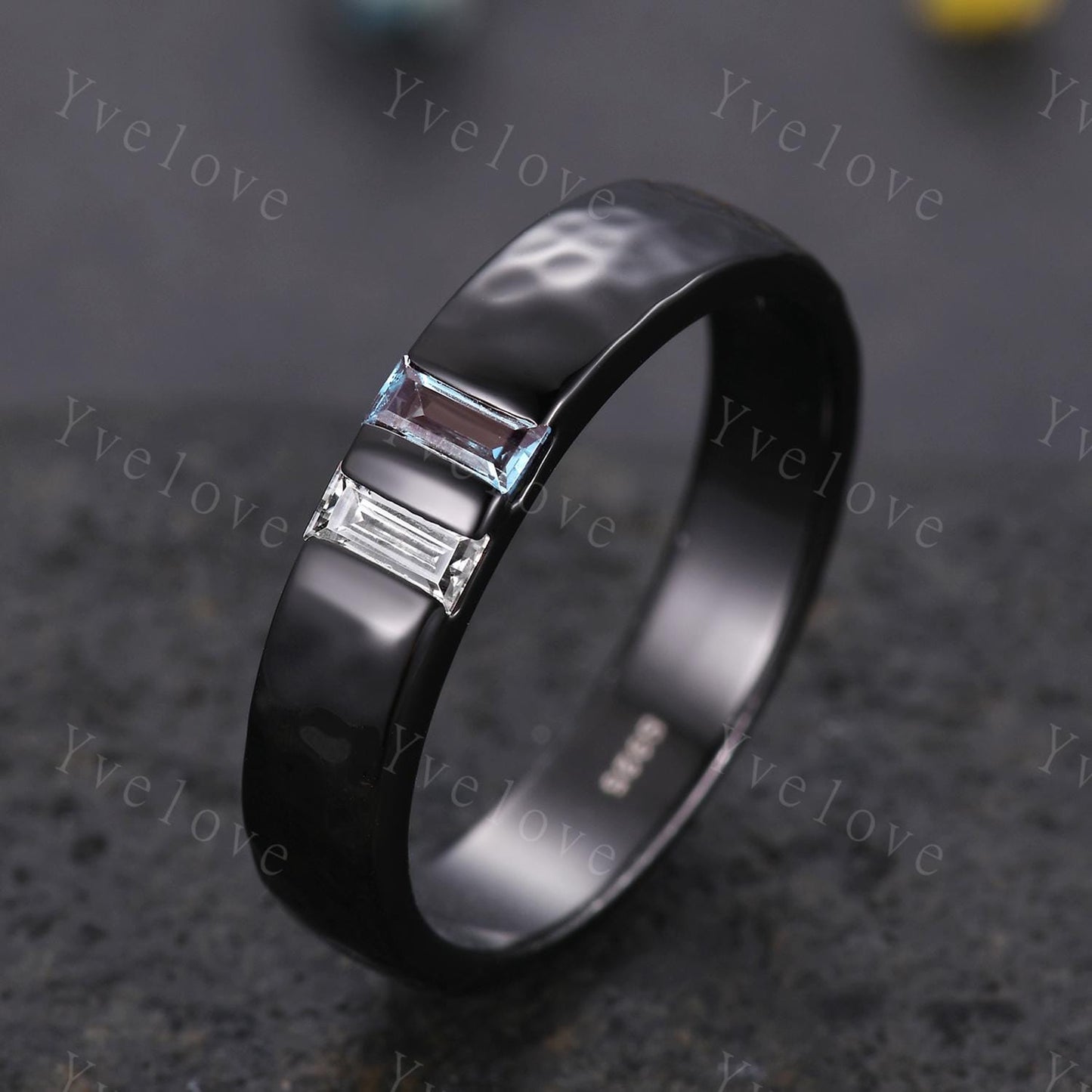 Mens Alexandrite Moissanite Wedding Band Baguette Cut Alexandrite Ring Black Gold Ring Hammered Stacking Matching Band Retro Vintage Gift