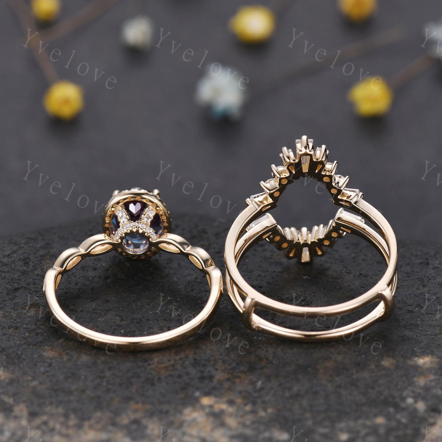 Vintage Oval Alexandrite Engagement Ring Set 14K Gold Unique Halo Diamond Engagement Ring Double Curved Enhancer Wedding Band Promise gift