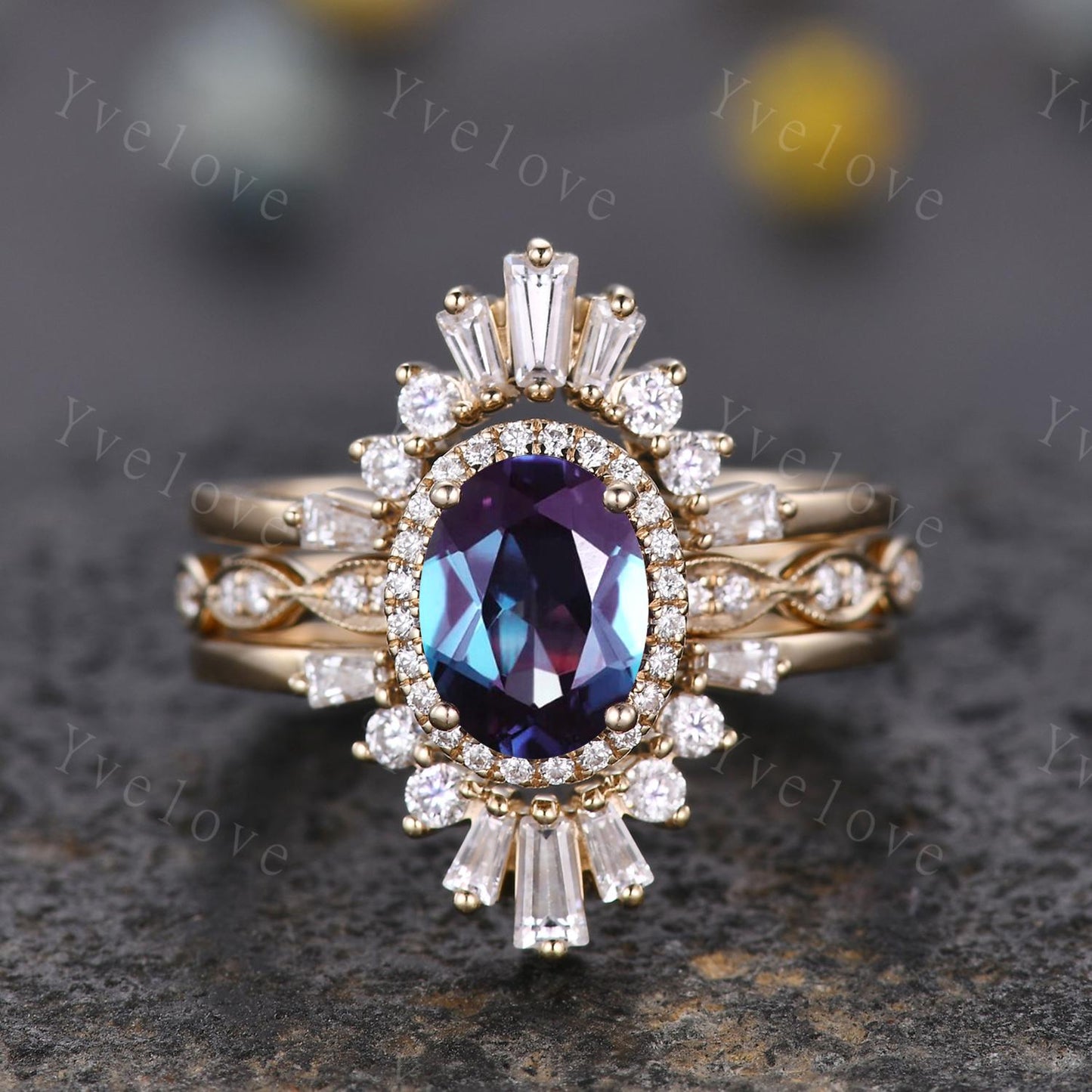 Vintage Oval Alexandrite Engagement Ring 14K Solid Gold Unique Hidden Halo Diamond Engagement Ring Art Deco Wedding Band Women Promise Gift
