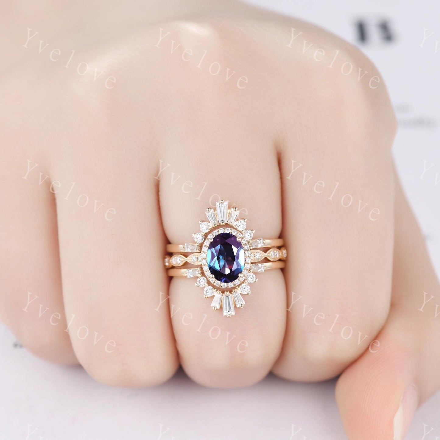 Vintage Oval Alexandrite Engagement Ring Set 14K Gold Unique Halo Diamond Engagement Ring Double Curved Enhancer Wedding Band Promise gift